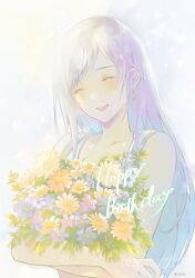 1girl bare_arms bare_shoulders birthday blue_flower blush bouquet closed_eyes collarbone commentary earrings english_commentary final_fantasy final_fantasy_vii final_fantasy_vii_rebirth final_fantasy_vii_remake flower gloves gradient_background hair_behind_ear happy happy_birthday highres holding holding_bouquet holding_flower jewelry long_hair open_mouth pink_flower quichi_91 single_earring smile solo tank_top teeth tifa_lockhart upper_body upper_teeth_only white_tank_top yellow_gloves