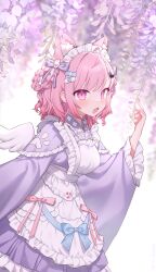 1girl absurdres ahoge angel_wings animal_ear_fluff animal_ears apron bandaid bandaid_hair_ornament blush cat_ears dress hair_ornament highres indie_virtual_youtuber looking_at_viewer miyayoki open_mouth pink_eyes pink_hair purple_dress smile solo virtual_youtuber white_apron wings yuuki_sakuna yuuki_sakuna_(2nd_costume)