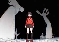 1girl absurdres black_socks blast-7 braid brown_hair closed_eyes closed_mouth highres kneehighs long_sleeves madotsuki pleated_skirt red_shoes red_sweater shoes signature skirt socks solo standing sweater turtleneck turtleneck_sweater twin_braids yume_nikki