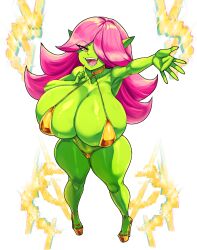 Rule 34 | 1girl, bikini, breasts, cleavage, colored skin, curvy, dart (thecon), fangs, feet, fingernails, full body, goblin, gold bikini, green skin, high heels, highres, huge breasts, long hair, micro bikini, navel, one eye covered, open mouth, original, pink hair, pointy ears, sharp fingernails, smile, swimsuit, thecon, white background
