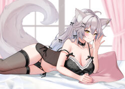 1girl absurdres ahoge animal_ears babydoll bare_arms bare_shoulders black_babydoll black_choker black_panties breasts brown_thighhighs choker cleavage closed_mouth collarbone fox_ears fox_tail grey_hair hand_up highres indie_virtual_youtuber kuroyuki_0713 large_breasts lying navel on_stomach panties ponytail side-tie_panties smile solo spaghetti_strap stomach strap_slip string_panties tail thighhighs underwear underwear_only virtual_youtuber yellow_eyes