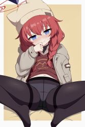 1girl black_pantyhose blue_archive blue_eyes blush border bright_pupils brown_hat brown_jacket closed_mouth halo hat highres io9 jacket loli long_hair long_sleeves looking_at_viewer maki_(blue_archive) maki_(camp)_(blue_archive) midriff_peek navel no_shoes open_clothes open_jacket panties panties_under_pantyhose pantyhose red_hair red_halo smile solo spread_legs thighband_pantyhose underwear white_border white_panties white_pupils