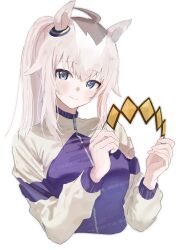 Rule 34 | 1girl, absurdres, ahoge, animal ears, blue eyes, blue jacket, blush, closed mouth, commentary, cropped torso, ear ornament, grey hair, ha (hura76752775), hair ornament, hairband, highres, holding, holding hair ornament, horse ears, horse girl, jacket, kasamatsu tracen training uniform, long hair, long sleeves, looking at viewer, multicolored hair, oguri cap (umamusume), ponytail, simple background, smile, solo, track jacket, umamusume, umamusume: cinderella gray, unworn hairband, upper body, white background