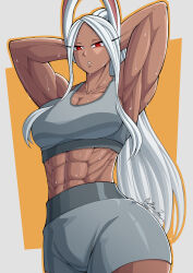 1girl abs animal_ears armpits arms_behind_head arms_up boku_no_hero_academia breasts butterjar commentary cowboy_shot dark-skinned_female dark_skin dated english_commentary eyelashes highres large_breasts long_eyelashes long_hair mirko muscular muscular_female ponytail rabbit_ears rabbit_girl red_eyes sidelocks signature simple_background solo sportswear sweat white_hair