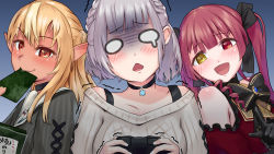 0_0 3girls bare_shoulders black_gloves blonde_hair braid breasts choker controller crown_braid dark-skinned_female dark_skin drill_hair game_controller gloves half_up_braid highres hololive houshou_marine houshou_marine_(gothic_lolita) large_breasts multiple_girls open_mouth orange_eyes otk pointing pointy_ears red_eyes seaweed shiranui_flare shiranui_flare_(street) shirogane_noel shirogane_noel_(casual) silver_hair smile tears trembling twintails virtual_youtuber yellow_eyes