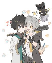 Rule 34 | !, !!, 2boys, ;d, aged down, ahoge, animal ears, animalization, artist name, baseball bat, black coat, black gloves, black hair, black pants, black shirt, blue eyes, blush, caelus (honkai: star rail), cat, cat ears, cheek-to-cheek, closed mouth, coat, collared shirt, commentary request, cup, dan heng (honkai: star rail), dan heng (hunt) (honkai: star rail), disposable cup, drinking straw, earrings, fang, fingerless gloves, food, food on face, gaber473159611, gloves, grey hair, hair between eyes, hand up, hands up, heads together, heart, heart hands, heart hands duo, highres, holding, holding baseball bat, holding cup, honkai: star rail, honkai (series), hood, hood down, hooded coat, jewelry, long sleeves, looking at another, male focus, multiple boys, one eye closed, open clothes, open coat, open mouth, pants, paw print, shirt, short hair, simple background, smile, speech bubble, split mouth, trailblazer (honkai: star rail), trash can, twitter username, white background, white coat, white shirt, yellow eyes