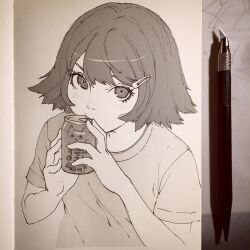 Rule 34 | 1girl, art tools in frame, bare arms, can, cat, character request, commentary request, copyright request, drink can, drinking, expressionless, eyelashes, greyscale, hair ornament, hairclip, holding, holding can, ilya kuvshinov, light blush, looking at viewer, monochrome, nib pen (medium), parted lips, pen (medium), photo (medium), shirt, short hair, short sleeves, soda can, solo, t-shirt, traditional media, upper body