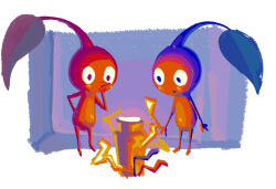 Rule 34 | blue background, blue pikmin, blue skin, border, cable, colored skin, creature, creature focus, electricity, hand on own chin, hand on own hip, highres, leaf, light blush, looking at object, nintendo, no humans, no mouth, outside border, pikmin (creature), pikmin (series), pointy nose, red pikmin, red skin, standing, thinking, triangle mouth, white border, yu pikmin