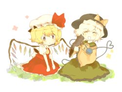 2girls bad_id bad_pixiv_id blonde_hair blouse cat dress closed_eyes female_focus flandre_scarlet gazekura hat hat_ribbon heart heart_of_string komeiji_koishi media_(pani_poni) minako_(gazekura) multiple_girls neckerchief ribbon ribbon_hat shirt short_hair side_ponytail sitting skirt smile sun_hat third_eye touhou traditional traditional_media wariza white_hair wings