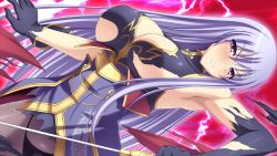 1girl angry armpits black_gloves blush breasts clenched_teeth detached_collar female_focus game_cg gloves holding holding_sword holding_weapon large_breasts legs lightning long_hair looking_at_viewer matching_hair/eyes original panties pantyshot purple_eyes purple_hair sangoku_hime sangoku_hime_2 simple_background solo sonsaku_(sangoku_hime) standing sun_ce sword teeth thighs torn_clothes underwear unicorn-a weapon
