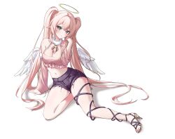 Rule 34 | 1girl, absurdres, angel wings, arm support, bare shoulders, black eyes, black shorts, breasts, brown sandals, cleavage, commission, crop top, cutoffs, detached sleeves, feathered wings, frilled shirt, frills, fur collar, fur trim, halo, halterneck, hand up, heonu, high heels, highres, large breasts, long hair, long sleeves, looking at viewer, midriff, navel, original, parted lips, pink hair, pink shirt, sandals, shirt, short shorts, shorts, simple background, sitting, sleeveless, sleeveless shirt, solo, spaghetti strap, stomach, thigh strap, thighs, twintails, very long hair, white background, wings, yokozuwari