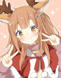 Rule 34 | 1girl, ahoge, animal costume, animal ear hairband, animal ears, antlers, brown eyes, brown hair, capelet, closed mouth, commentary request, deer ears, double v, fake animal ears, fake antlers, fur-trimmed capelet, fur trim, hair ornament, hair scrunchie, hairband, hairclip, hibi wa sugiredo meshi umashi, highres, horns, ichiyo12, light blush, long hair, long sleeves, looking at viewer, ogawa shinon, one side up, outline, pink background, reindeer antlers, reindeer costume, scrunchie, simple background, smile, solo, star (symbol), upper body, v, white outline