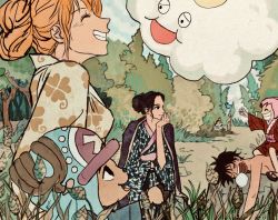 :d ^_^ black_hair closed_eyes feleven grin highres japanese_clothes monkey_d._luffy nami_(one_piece) nico_robin nose_bubble one_piece open_mouth orange_hair outdoors plant roronoa_zoro sanji_(one_piece) sleeping smile snoring toko_(one_piece) tony_tony_chopper zeus_(one_piece)