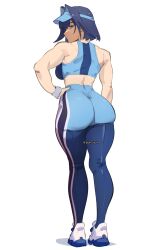 1girl absurdres alternate_costume ass backboob blue_eyes blue_hair blue_pants blue_sports_bra breasts from_behind hair_intakes hand_on_own_hip highres hololive hololive_english large_breasts multicolored_pants muscular muscular_female ouro_kronii pants pomuya shoes solo sports_bra sportswear standing twitter_username virtual_youtuber visor_cap white_shoes yoga_pants