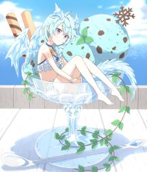 Rule 34 | 1girl, bikini, bikini skirt, blue tail, blue wings, braid, crystal horns, crystal wings, dragon girl, dragon horns, dragon tail, dragon wings, flower bikini, food, frilled bikini, frills, fujiyama (yellow), highres, horns, ice cream, official alternate costume, princess connect!, sheffy (princess connect!), sheffy (summer) (princess connect!), solo, spoon, sundae, swimsuit, swimsuit skirt, tail, wafer stick, white bikini, wings