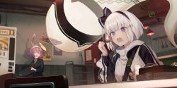 +_+ 2girls alternate_costume animal_ears black_hairband black_jacket cup drinking_glass eating food food_on_face game_cg grey_hair grey_jacket hairband helmet highres hihara_you hitodama holding holding_spoon indoors jacket konpaku_youmu konpaku_youmu_(ghost) konpaku_youmu_(lunar_war_gardener) long_sleeves moon_rabbit_extra_(touhou) multicolored_jacket multiple_girls official_art purple_eyes purple_hair rabbit_ears rabbit_girl shadow spoon third-party_source touhou touhou_lostword tray two-tone_jacket vending_machine