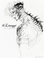 Rule 34 | 1boy, absurdres, artist name, bandaged arm, bandaged neck, bandages, bare shoulders, body horror, closed mouth, colored sclera, commission, cropped torso, expressionless, eyelashes, from behind, highres, liangyi yuehua, lips, looking at viewer, looking back, nib pen (medium), nostrils, original, pen (medium), pointy nose, sample watermark, short hair, shoulder tattoo, simple background, solo, spiked spine, tattoo, traditional media, watermark, weibo watermark, white background