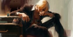 Rule 34 | 1boy, absurdres, blonde hair, cigarette, curly eyebrows, facial hair, formal clothes, hair over one eye, highres, holding, holding cigarette, male focus, mustache stubble, one piece, sanji (one piece), sitting, solo, stubble, suit, whitehogiii