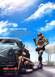 2girls black_bra black_hair blonde_hair boots bottle bra breasts brown_footwear capcom car cidney_aurum cleavage cowboy_boots crop_top cropped_jacket crossover denim denim_shorts devil_may_cry_(series) devil_may_cry_5 dirty dirty_clothes dirty_face english_text final_fantasy final_fantasy_xv freckles gas_station glasses gloves goggles goggles_around_neck hat high_heel_boots high_heels highres jacket knee_boots lace lace-trimmed_bra lace_bra lace_trim looking_at_another motor_vehicle multiple_girls nico_(devil_may_cry) outdoors sarahwarao short_shorts shorts sitting sky sleeveless smile square_enix tattoo thighhighs thighhighs_under_boots thong tiptoes tool_belt tools trait_connection underwear water_bottle watermark web_address white_footwear