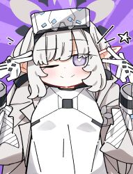 Rule 34 | 1girl, ;), absurdres, arms up, blue archive, blush, closed mouth, commentary request, dash b, double v, gloves, grey hair, grey jacket, halo, head-mounted display, highres, himari (blue archive), himari (bodysuit) (blue archive), jacket, looking at viewer, one eye closed, open clothes, open jacket, pointy ears, purple background, purple eyes, shirt, smile, solo, upper body, v, white gloves, white shirt