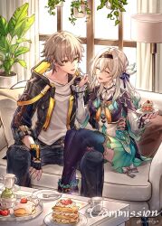 1boy 1girl aqua_dress aqua_skirt aqua_thighhighs black_gloves black_hairband black_jacket black_pants blue_ribbon blush caelus_(honkai:_star_rail) cake cake_slice closed_eyes collared_dress cropped_jacket cup dress feeding fingerless_gloves firefly_(honkai:_star_rail) food fork gloves grey_hair hair_between_eyes hair_intakes hair_ornament hair_ribbon hairband highres holding holding_plate honkai:_star_rail honkai_(series) jacket legs_on_another&#039;s_lap neckerchief open_clothes open_jacket open_mouth orange_neckerchief pants plant plate potted_plant ribbon s_selyn shirt skirt smile strawberry_cake teacup teeth thighhighs trailblazer_(honkai:_star_rail) upper_teeth_only white_shirt