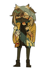 1girl alternate_costume amaotome black-framed_eyewear black_boots black_shirt black_shorts blush boots commentary_request earrings full_body glasses glowstick grey_hair grey_pantyhose haori highres holding holding_glowstick jacket japanese_clothes jewelry looking_afar mask medium_hair mouth_mask multicolored_hair nanashi_inc. oura_rukako pantyhose penlight_(glowstick) shirt shorts simple_background solo streaked_hair white_background white_hair yellow_jacket