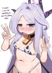 1girl absurdres ahoge alternate_costume animal_print bell bikini blue_archive blue_halo blush cow_print demon_girl demon_horns demon_wings double_v halo highres hina_(blue_archive) horns iog626 long_hair looking_at_viewer navel neck_bell open_mouth purple_eyes solo standing stomach swimsuit v white_hair wings