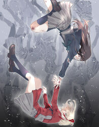 2girls absurdres belt black_hair black_socks blonde_hair blood blood_on_arm blood_on_face blue_belt blue_dress blue_ribbon bob_cut bruise clenched_teeth collared_shirt crying crying_with_eyes_open cuts dress falling gradient_background green_ribbon grey_background grey_dress hair_ribbon highres holding_another&#039;s_wrist holding_hands injury inoue_takina kneehighs light_particles loafers long_hair long_sleeves lycoris_recoil lycoris_uniform multiple_girls neck_ribbon nishikigi_chisato pleated_dress purple_eyes reaching red_belt red_dress red_ribbon ribbon screaming shirt shoes short_hair socks tears teeth torn_clothes torn_dress torn_shirt two-tone_dress upside-down white_shirt yuri yutakanohanasi