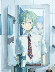 Rule 34 | 2boys, absurdres, bathroom, behind another, bishounen, blue hair, breast pocket, closed mouth, collared shirt, cup, diagonal-striped clothes, diagonal-striped necktie, dongfang shuyechu, ensemble stars!, green hair, highres, holding, holding cup, kazehaya tatsumi, looking at viewer, male focus, mirror, multiple boys, necktie, open door, parted lips, pocket, pov, pov hands, purple eyes, red necktie, reflection, reflection focus, shirt, short hair, short sleeves, soap bottle, striped clothes, tile wall, tiles, tojo kaname, toothbrush, toothpaste, towel, towel rack, upper body, white shirt, yellow eyes