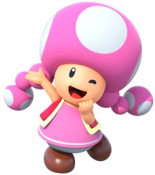 1girl 3d absurdres arm_up black_eyes blank_eyes brown_shoes dress female_focus flat_chest full_body gold_trim hand_up happy highres leg_up looking_at_viewer mario_(series) mario_party mario_party_10 nintendo official_art one_eye_closed open_mouth pants pink_dress red_vest shoes short_dress simple_background sleeveless sleeveless_dress smile solo standing standing_on_one_leg third-party_source toadette transparent_background vest white_pants wink