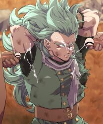 3boys angry armpits arms_behind_head arms_up belt blood blood_from_mouth blood_on_face blue_eyes brown_belt brown_gloves bruise bruise_on_arm bruise_on_face bukkake buttons censored clenched_teeth coat commentary compression_shirt covered_pectorals cum cum_on_body cum_on_clothes cum_on_male cum_on_upper_body cum_string dirty dirty_clothes dirty_face double-breasted dragon_ball dragon_ball_super erection facial glaring gloves grabbing_own_hair granolah_(dragon_ball) green_coat green_hair green_undershirt hand_on_own_penis hands_in_own_hair heterochromia injury long_hair looking_at_penis male_focus male_masturbation masturbation multiple_boys muscular muscular_male oguri_shun outdoors pectorals penis rape red_eyes scarf scratches shirt teeth torn_clothes torn_coat torn_scarf turtleneck turtleneck_shirt undershirt upper_body veins veiny_penis white_scarf yaoi