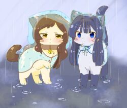 animal animal_collar animal_focus animalization bell black_hair blue_eyes blush brown_eyes brown_hair cat closed_mouth collar commentary_request full_body highres hutaba idolmaster idolmaster_million_live! kitazawa_shiho long_hair looking_at_viewer mogami_shizuka neck_bell no_humans outdoors rain rain_poncho standing