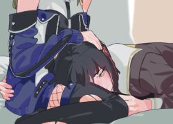 2girls ampere_(love_live!) bare_shoulders black_hair blue_coat blue_skirt blunt_bangs blunt_ends bob_cut brown_dress closed_mouth coat commentary dress english_commentary fishnet_pantyhose fishnets flower_knot half-closed_eyes hand_on_another&#039;s_head hasu_no_sora_school_uniform head_out_of_frame highres kachimachi_kosuzu lap_pillow link!_like!_love_live! long_sleeves love_live! miniskirt momose_ginko multiple_girls neckerchief no_shoes o-ring off-shoulder_coat off_shoulder official_alternate_costume pantyhose pipi_(m1x_mix) sailor_collar sailor_dress school_uniform short_hair skirt sweatdrop thighhighs torn_clothes torn_thighhighs virtual_youtuber white_sailor_collar winter_uniform yellow_neckerchief yuri