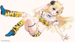 Rule 34 | 1girl, animal print, arm up, bare shoulders, blonde hair, blue shoes, breasts, brown background, fur-trimmed shorts, fur trim, hair ornament, highres, hololive, horns, knees together feet apart, leg up, lightning bolt, lightning bolt hair ornament, lightning bolt symbol, long hair, looking at viewer, loose socks, medium breasts, navel, official art, open mouth, print shorts, print socks, purple eyes, rino cnc, sheep horns, shoes, short shorts, shorts, simple background, socks, tiger print, tsunomaki watame, very long hair, virtual youtuber, yellow shorts, yellow socks