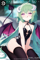 1girl :q bare_shoulders between_legs black_choker black_dress black_scrunchie black_thighhighs blurry blurry_background breasts chinese_commentary choker closed_mouth clothing_cutout collarbone commentary_request crossed_bangs curled_horns demon_girl demon_horns demon_tail demon_wings dinyc dress green_hair hair_between_eyes hair_intakes hair_ornament hair_scrunchie hand_between_legs heart heart-shaped_pupils heart_cutout highres horns light_particles long_hair looking_at_viewer low_twintails microdress mole mole_under_eye naughty_face no_shoes original purple_eyes purple_tail purple_wings scrunchie side_slit sitting sleeveless sleeveless_dress small_breasts smile solo star_(symbol) star_hair_ornament symbol-shaped_pupils tail thighhighs tongue tongue_out twintails very_long_hair watermark white_horns wings