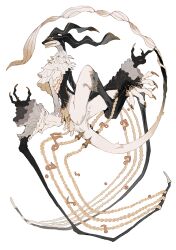 1other absurdres black_skin black_socks claws colored_skin frilled_sleeves frills full_body gold_trim grin highres long_tail monster musical_note original other_focus ou331 sharp_teeth simple_background smile socks tail teeth too_many too_many_frills white_background white_fur white_skin