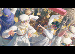6+boys 6+girls armor bald beard black_border blonde_hair blue_gemstone blue_robe border breastplate castanets chalice child cloak commentary crown crucible_knight crucible_knight_ordovis cup dancing elden_ring english_commentary facial_hair fake_horns faulds flower full_armor full_body gauntlets gem gold gold_armor grass greaves hair_flower hair_ornament hat head_wreath helm helmet highres holding holding_sword holding_weapon horned_helmet horns instrument jewelry kenneth_haight knight lady_tanith_(elden_ring) long_hair mixed-language_commentary multiple_boys multiple_girls mustache patches_(fromsoftware) pauldrons pike_(weapon) plate_armor plume polearm praetor_rykard red_hair robe shoulder_armor standing stanton_feng stone_wall sword table wall weapon