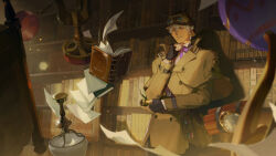 1boy ace_attorney belt black_gloves black_pants blue_eyes bomb bookshelf brown_belt brown_coat brown_hat coat collared_shirt cooking_pot curled_fingers deerstalker detective explosive fingerless_gloves gloves goggles goggles_on_head hand_on_own_chin hat herlock_sholmes holding holding_smoking_pipe lamp leaning_on_object long_sleeves male_focus nanjou_(sumeragimishiro) pants papers purple_ribbon ribbon shirt short_hair smile smoking_pipe solo the_great_ace_attorney time_bomb white_shirt wingtip_collar
