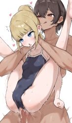 2girls ahegao anal blonde_hair blue_eyes blush breasts brown_hair competition_school_swimsuit dark-skinned_female dark_skin folded fucked_silly full_nelson futa_with_female futanari heart height_difference highres kei_(m_k) large_breasts large_penis leg_grab legs_over_head legs_up lifting_person long_hair m_k multiple_girls one-piece_swimsuit original penis ponytail red_eyes reverse_suspended_congress rika_(m_k) rolling_eyes school_swimsuit sex sex_from_behind short_hair simple_background size_difference spread_legs standing sweat swimsuit tall_female tan tomboy