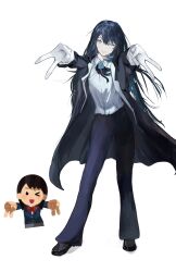 2girls absurdres ado_(utaite) black_bow black_bowtie black_coat black_pants blue_eyes blue_flower blue_hair blue_jacket blue_rose blush bow bowtie brooch chando_(ado) coat colored_inner_hair commentary double_gyaru_v flower flower_brooch gloves gyaru_v highres irasutoya irasutoya_challenge jacket jewelry kahuna90231217 long_hair looking_at_viewer mole mole_under_eye multicolored_hair multiple_girls one_eye_closed open_clothes open_coat open_mouth pants rose school_uniform shirt simple_background v white_background white_gloves white_shirt