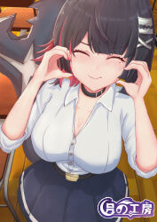 1girl absurdres black_choker black_hair black_skirt breasts choker closed_eyes closed_mouth collarbone ellen_joe ellen_joe_(on_campus) fins fish_tail hair_ornament heart heart_hands heart_hands_duo highres large_breasts lawgdrawingworkshop mole mole_under_eye official_alternate_costume red_hair red_nails shark_girl shark_tail short_hair skirt tail x_hair_ornament zenless_zone_zero