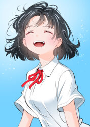 Rule 34 | 1girl, ^ ^, black hair, blue background, closed eyes, facing viewer, gradient background, neck ribbon, open mouth, original, red ribbon, ribbon, shirt, short hair, solo, teeth, upper body, upper teeth only, white shirt, yamanaka kouji (yanchiki2001)