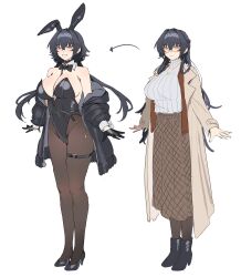 1girl absurdres animal_ears aochoku arrow_(symbol) black_boots black_gloves black_hair black_jacket black_leotard black_shoes blush boots bow bowtie breasts brown_coat brown_pantyhose brown_skirt cleavage coat commentary fake_animal_ears full_body glasses gloves grin hair_intakes hairband high_heels highres jacket jewelry large_breasts leotard long_hair mole mole_on_breast multiple_views necklace off_shoulder open_clothes open_jacket original pantyhose playboy_bunny rabbit_ears ribbed_sweater shoes simple_background skirt smile standing sweater symbol-only_commentary thigh_strap turtleneck turtleneck_sweater white_background