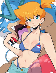 1girl aqua_eyes asymmetrical_hair bare_shoulders bikini bikini_under_clothes blue_bikini blue_shorts breasts bright_pupils collarbone denim denim_shorts gen_1_pokemon green_eyes gyarados halterneck highleg highres holding holding_poke_ball innertube looking_at_viewer medium_breasts misty_(pokemon) navel nintendo open_clothes open_fly open_shorts orange_hair parted_lips poke_ball poke_ball_(basic) pokemon ponytail short_hair short_shorts shorts side_ponytail small_breasts smile swim_ring swimsuit swimsuit_under_clothes unzipped zipper