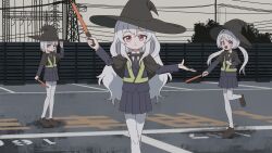 3girls absurdres black_hat black_shoes blue_skirt cloud cloudy_sky construction_site day hat high-visibility_clothing high-visibility_vest highres holding long_hair looking_at_viewer low_twintails multiple_girls numamomi open_mouth original pantyhose red_eyes scenery shoes short_cape short_hair skirt sky teeth twintails white_hair white_pantyhose witch_hat