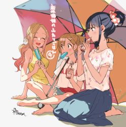 3girls :d arm_at_side arm_support black_hair blonde_hair blue_shirt blue_skirt blush breasts brown_eyes character_request closed_eyes closed_mouth commentary_request copyright_name copyright_request crossed_legs floral_print flower food from_side grin hair_bun hair_flower hair_ornament happy light_brown_hair long_hair medium_breasts multiple_girls open_mouth pants parasol polka_dot polka_dot_scrunchie popsicle print_shirt profile purple_flower ramune red_scrunchie scrunchie shirt shirt_under_shirt short_hair signature single_hair_bun sitting skirt sleeveless sleeveless_shirt smile squid_print striped_clothes striped_shirt summer t-shirt translation_request umbrella vertical-striped_clothes vertical-striped_shirt white_flower white_pants white_polka_dots white_shirt yellow_shirt yokozuwari yutaka7