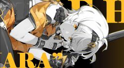 1girl absurdres ahoge anby_demara anby_demara_(silver_soldier) black_background bracelet braid character_name colored_skin fingerless_gloves gloves grey_skin gun hairband highres holding holding_gun holding_sword holding_weapon jewelry looking_at_viewer lying mindscape_cinema_(zenless_zone_zero) official_art on_side orange_eyes pantyhose parted_lips ring short_hair single_glove solo sword weapon white_hair white_skin yellow_eyes zenless_zone_zero
