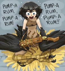 +_+ 1girl :d bare_shoulders bird bird_legs black_hair black_wings blue_eyes blush bow_(weapon) breasts claws crossbow crow dark_souls_(series) dark_souls_i dark_souls_iii english_text feathers female_focus galaxyspark harpy midriff monster_girl nest open_mouth pickle_pee_pump-a-rum_crow scales sitting smile solo speech_bubble text_focus weapon winged_arms wings