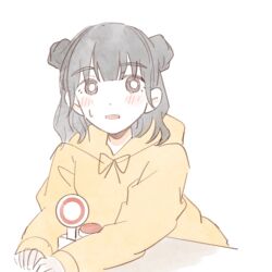 Rule 34 | 1girl, animification, black hair, blunt bangs, blush, commentary, double bun, hair bun, highres, hood, hood down, hoodie, link! like! love live!, long sleeves, love live!, medium hair, moyang, nirei nozomi, real life, seeno de! hasu no sora!, sidelocks, solo, sweatdrop, symbol-only commentary, voice actor, yellow hoodie