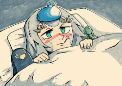1girl bag blush closed_mouth commentary commission dark_souls_(series) dark_souls_i english_commentary female_focus fingernails green_eyes grey_hair horns liquid-in-glass_thermometer lying nose_blush on_back pillow priscilla_the_crossbreed scales setz sick slit_pupils solo stuffed_animal stuffed_penguin stuffed_toy tears thermometer under_covers